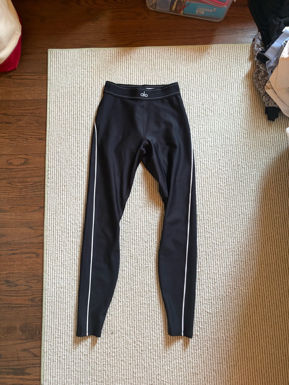 ALO Yoga Black Leggings with White Waistband Stripe